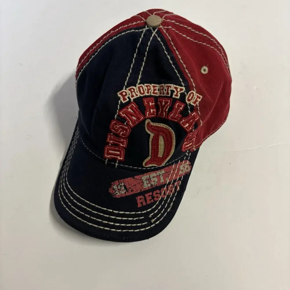 DISNEY. ADULT BLUE/RED/BIEGE DISTRESSED DISNEY STRAPBACK HAT - Very Clean.
